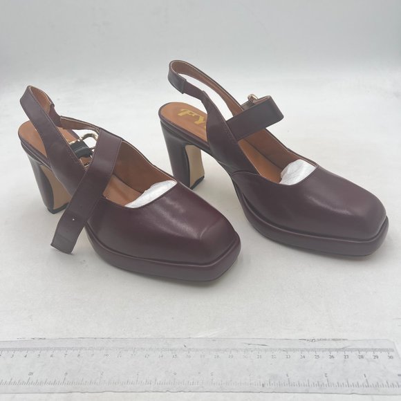 FYS Wine Platform Square Toe Pumps Chunky Block High Heel Mary Janes Slingback - Picture 4 of 8